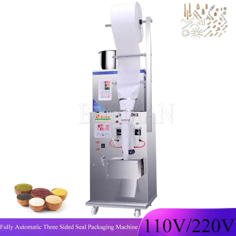 Fully Automatic Food Plastic Bags Packaging Machine Three Side Seal Peanut Coffee Bean Nut Cereal Rice Pet Feed Puff