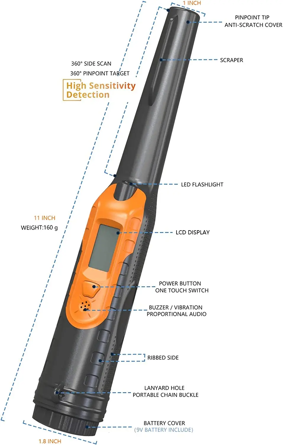 LCD Display Fully Waterproof Pinpoint Metal Detector 360° Search Pinpointing Finder Probe Treasure Hunting Contain 9V batteries