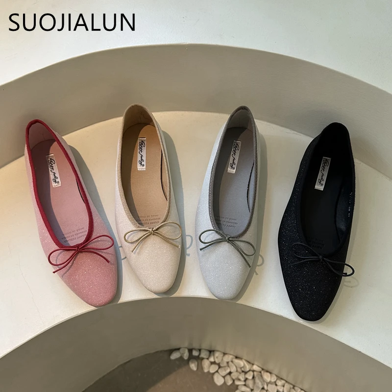 SUOJIALUN Spring New Brand Women Flat Shoes Fashion Round Toe Shallow Slip On  Ballerinas Shoes Soft Flat Heel Dress Ballet Shoe