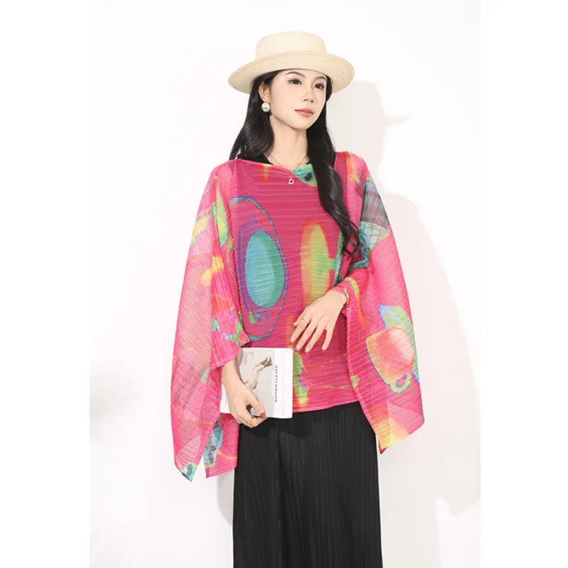 

Miyake Pleated Striped Shawl Jacket, Fashionable Striped Casual Outerwear, Versatile Temperament, Bat Sleeve Cape Top