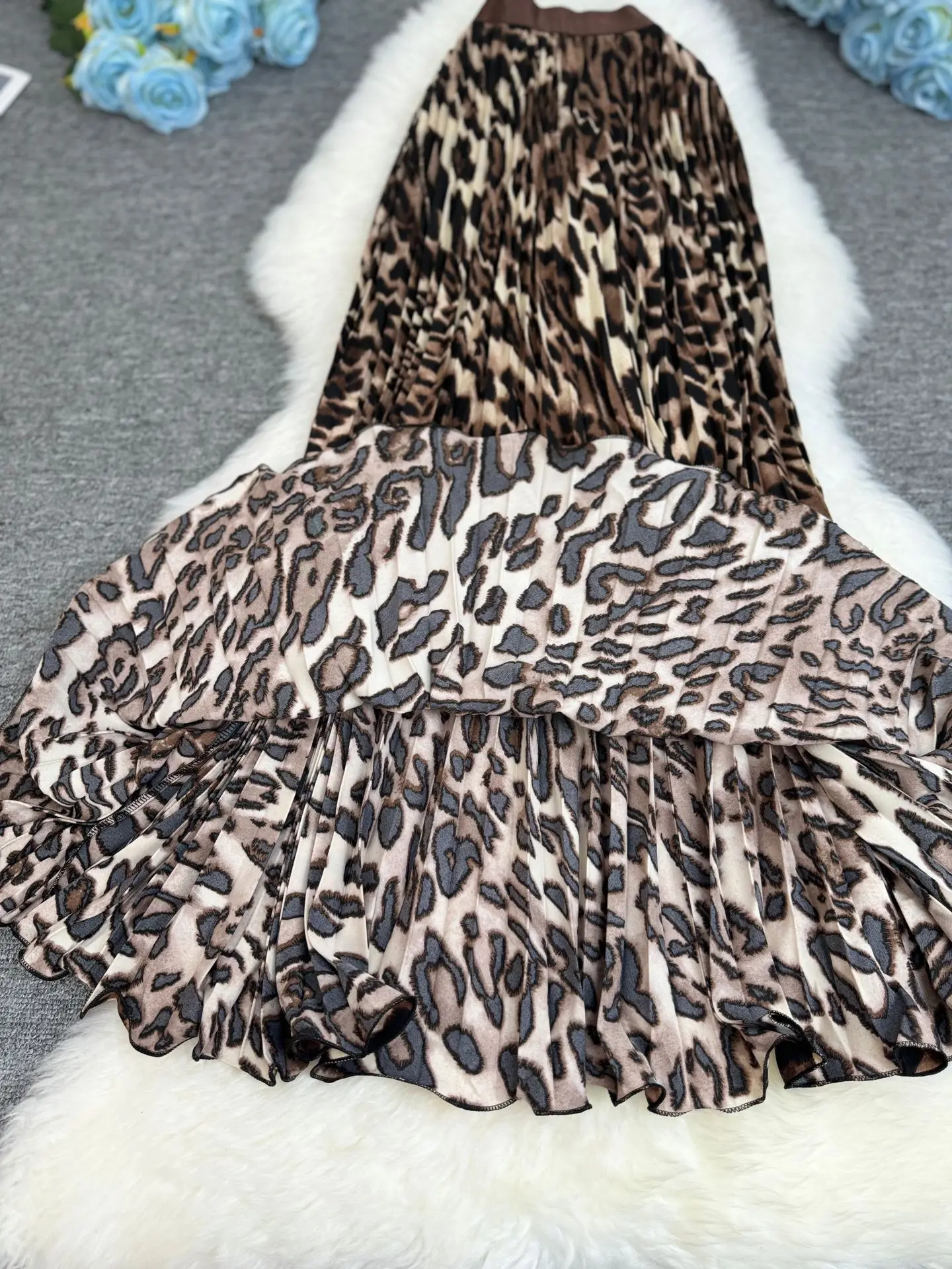 Spring Summer Leopard Print Pleated Long Skirt For Women 2026 Vintage Casual Office Lady Skirts