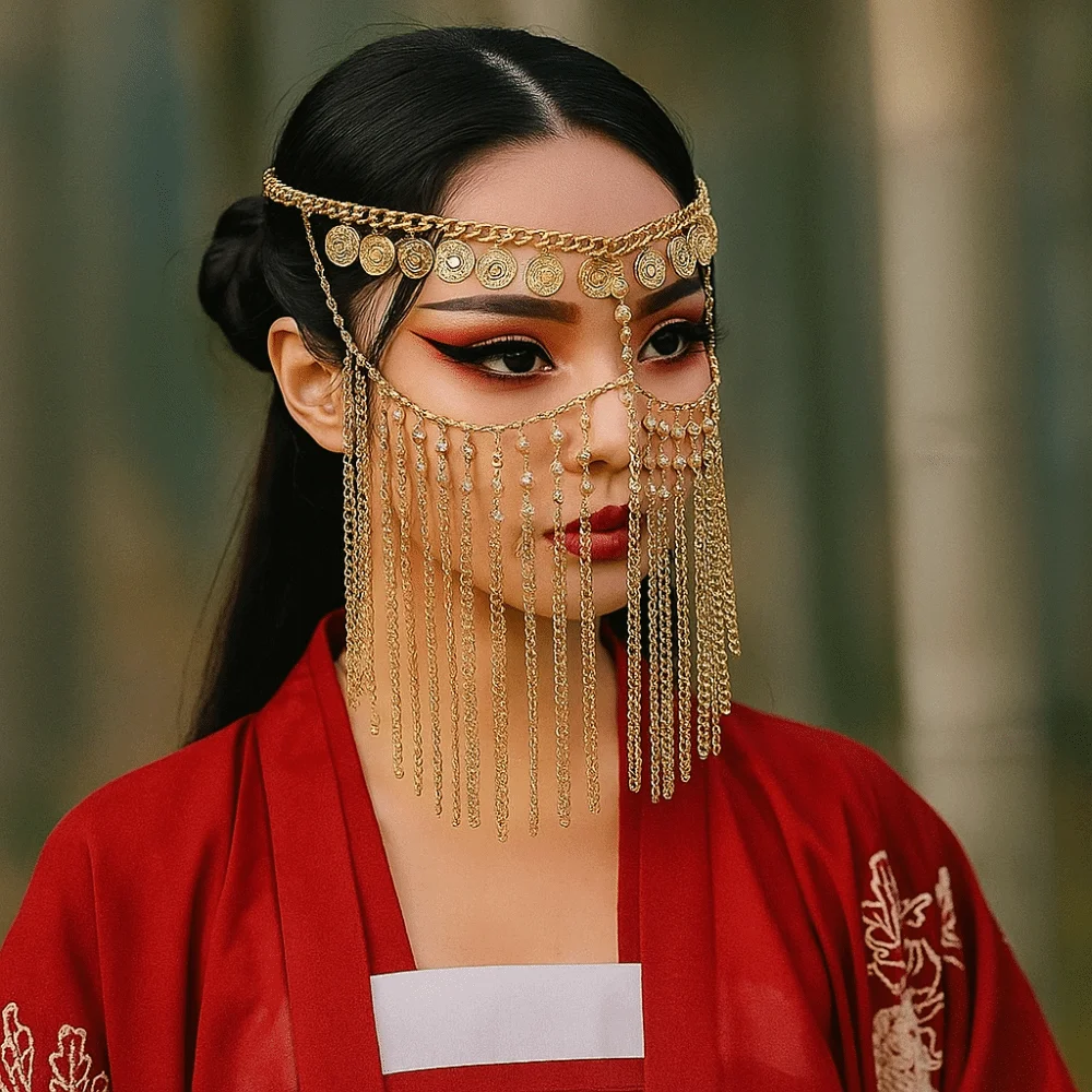 Schmuck Münze Glocke Bauchtanz Gesicht Schleier Gold Strass Vorhang Kopf Kette Boho Cosplay Stirnband Maskerade Maske Frauen