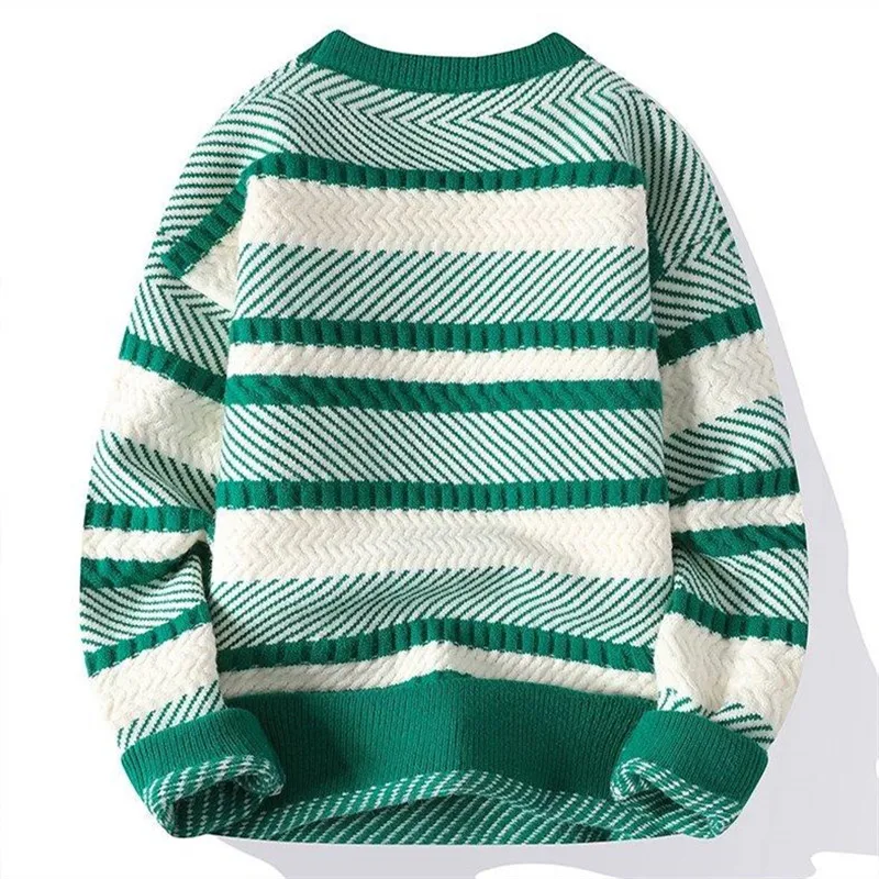 Autumn Winter Men's Striped Knit Sweater Fashion Warm Casual Knitted Pullovers Men Youthful Vitality O-Neck Loose Sweaters Tops