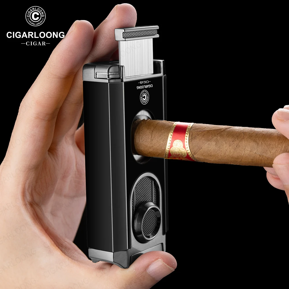 Encendedor de cigarros portátil práctico multifuncional 3 en 1 tres fuegos rectos suave V tijera soporte caja de regalo
