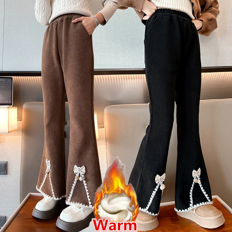 Elegant Children Insulated Winter Warm Flared Pants for Teen Girls Fashion Bootcut Fleece-Lined Thermal Trousers Kids Trackpants