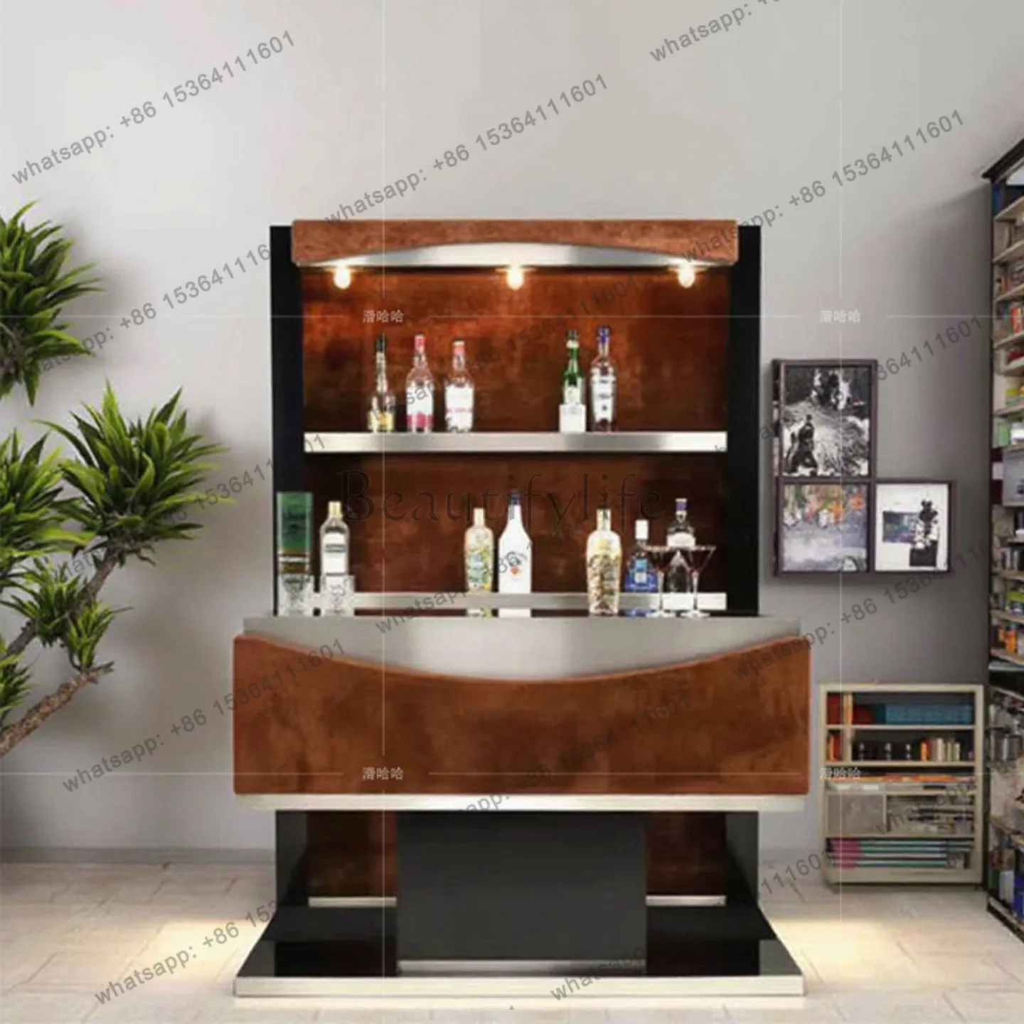 Italian solid wood bar counter wine cabinet combination luxury high-end household stainless steel display cabinet