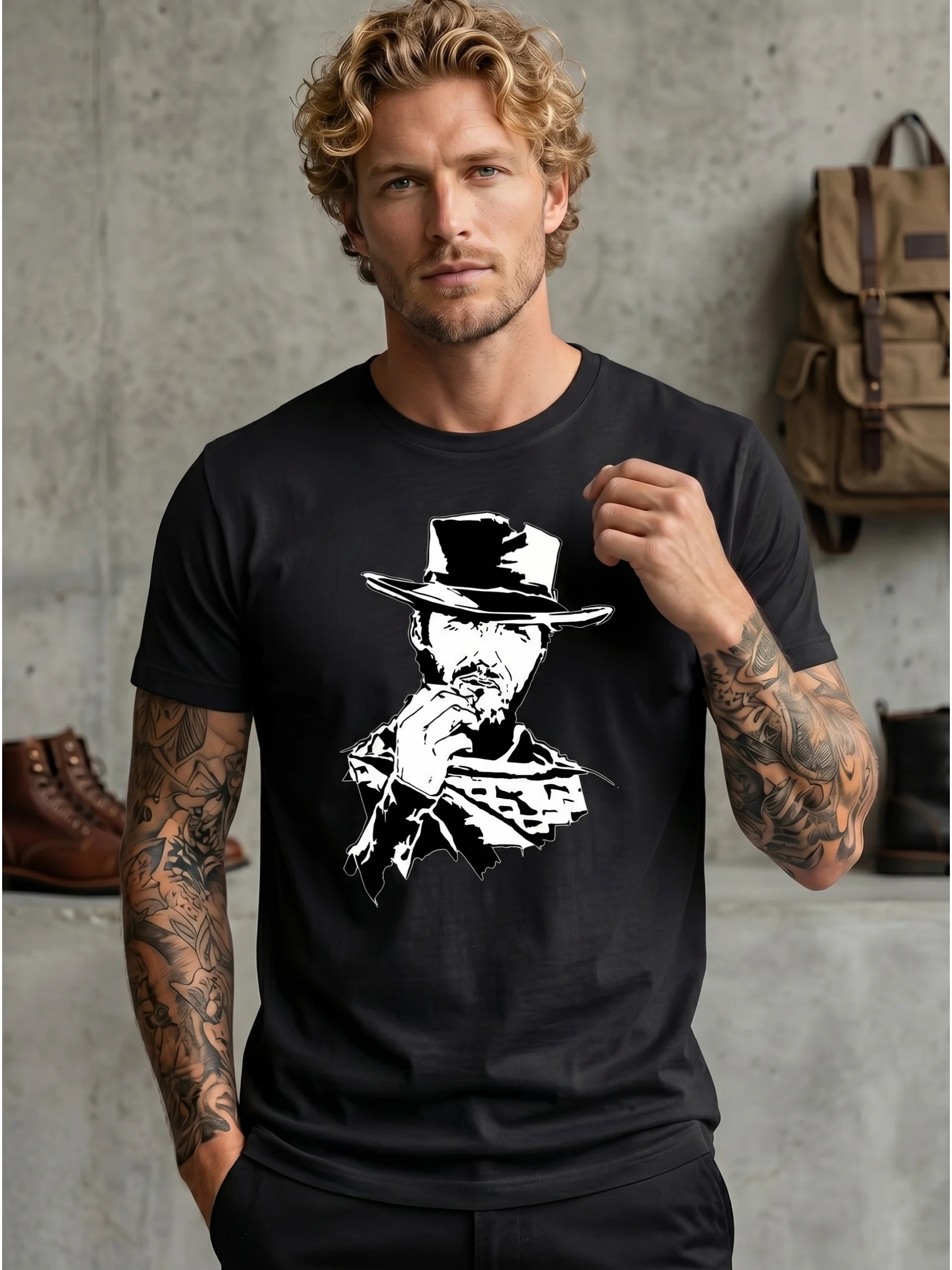 Retro T-Shirt Classic Western Character Nameless One From Movie The Good The Bad and The Ugly Suitable for Everyday Wear