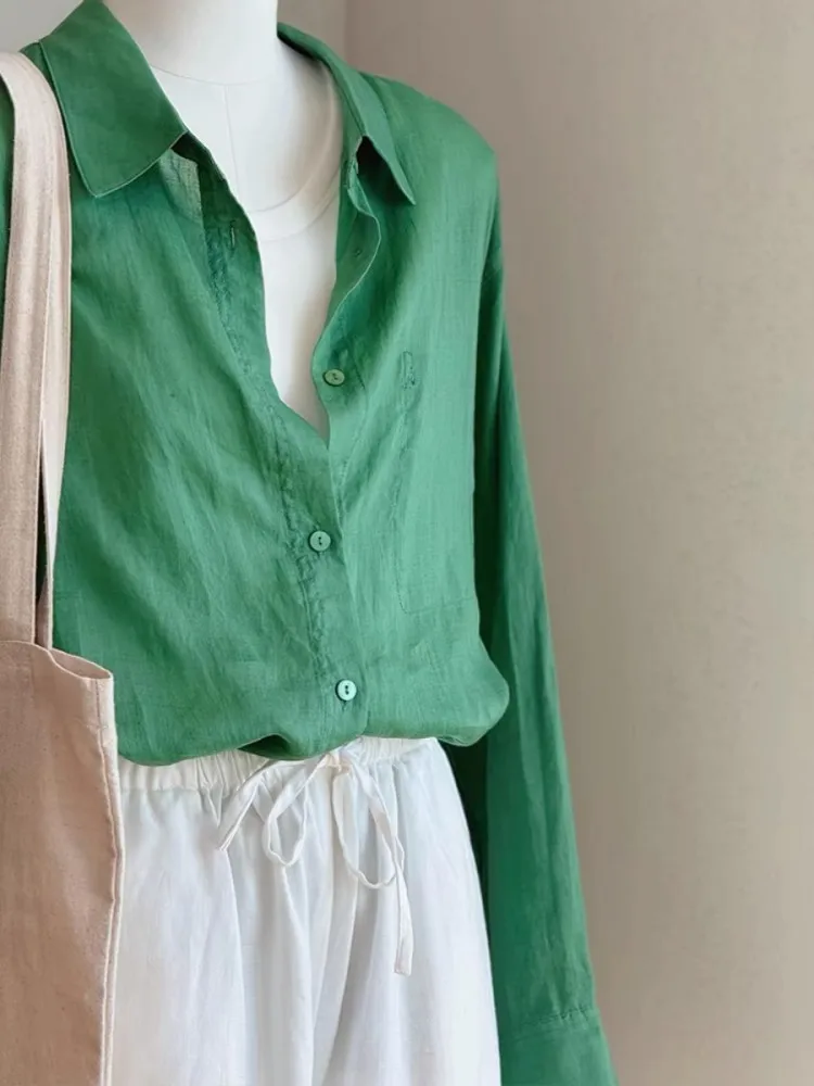 

Retro Forest een Linen Cotton irt Women's Outerwear Summer 2024 Sle Commute Korean Version Long Sve Button up