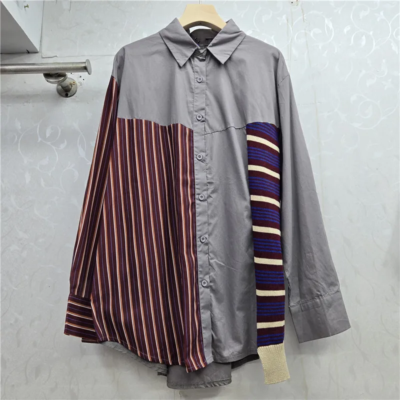 WTHT Nieuwe Trendy vrouwen Nep Tweedelige Gesplitst Gestreept Gebreid Shirt 2025, Herfst Mode Revers Lange Mouwen Blouse Vrouwelijke 1LS2540