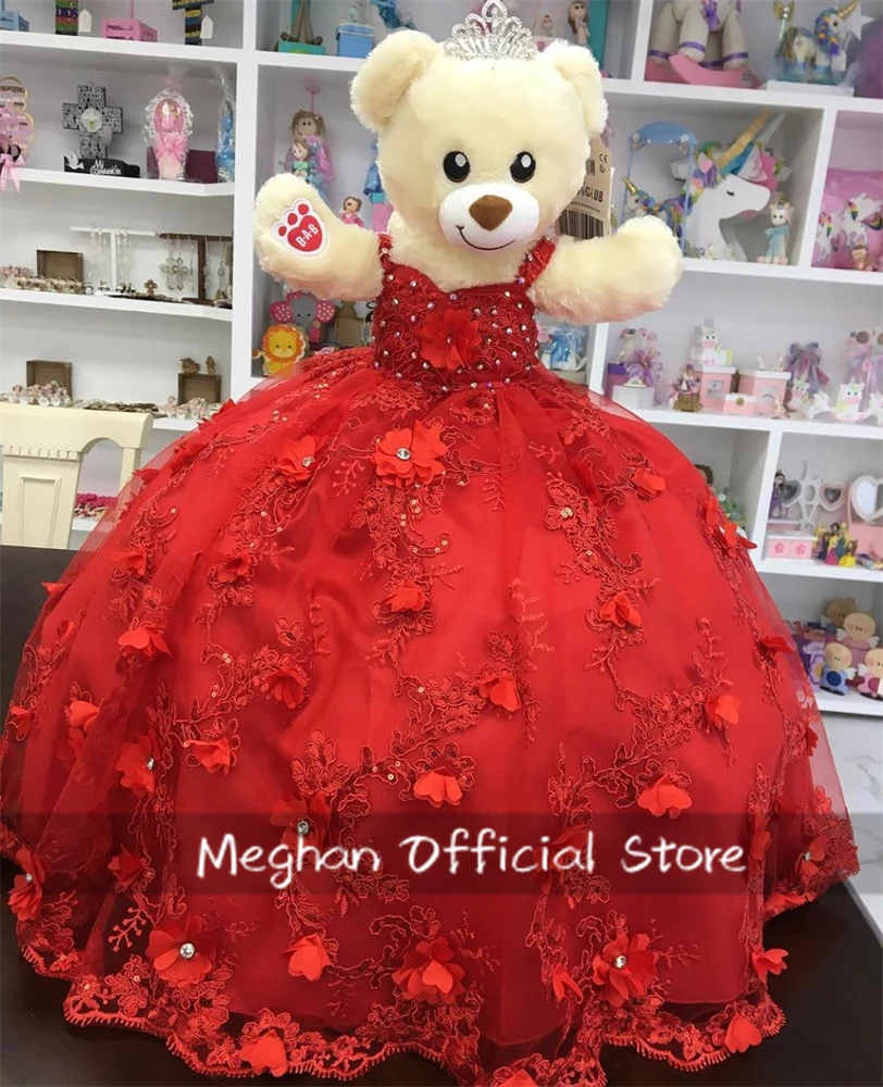 Boneka beruang Teddy unik kekasih tautan khusus sayang merah dengan gaun applique bunga 3D Mini