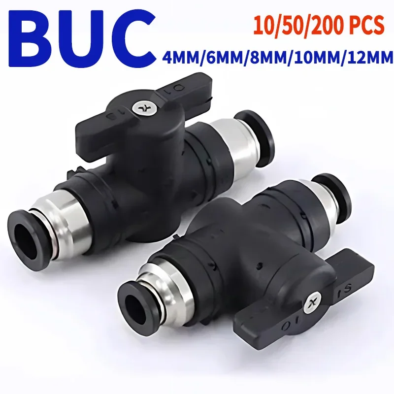 BUC Black Pneumatic Push In Quick Joint Connector Hand Valve - Turn Switch Manual Ball Current Limiting (4mm,6mm 8mm,10mm,12mm)