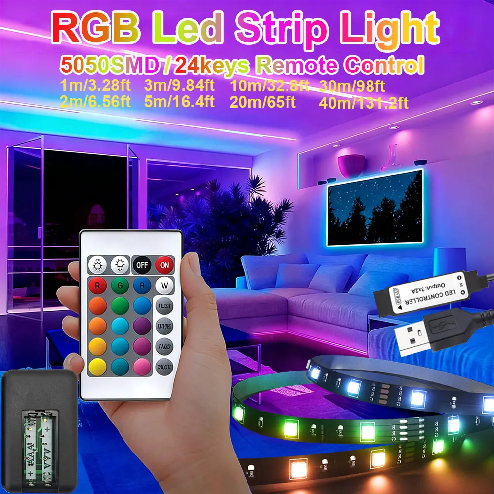 RGB Strip Led Light 5050SMD RGB Light with 24keys Remote Control, 1m-40m USB LED Strip Lights for Bedroom Living Room Decor