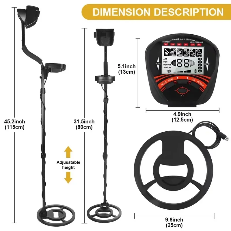 MD-810 Metal Detector Handheld 9V Battery Gold Silver Copper Finder 5 Sensitivity Modes LCD Display Archaeology Tool