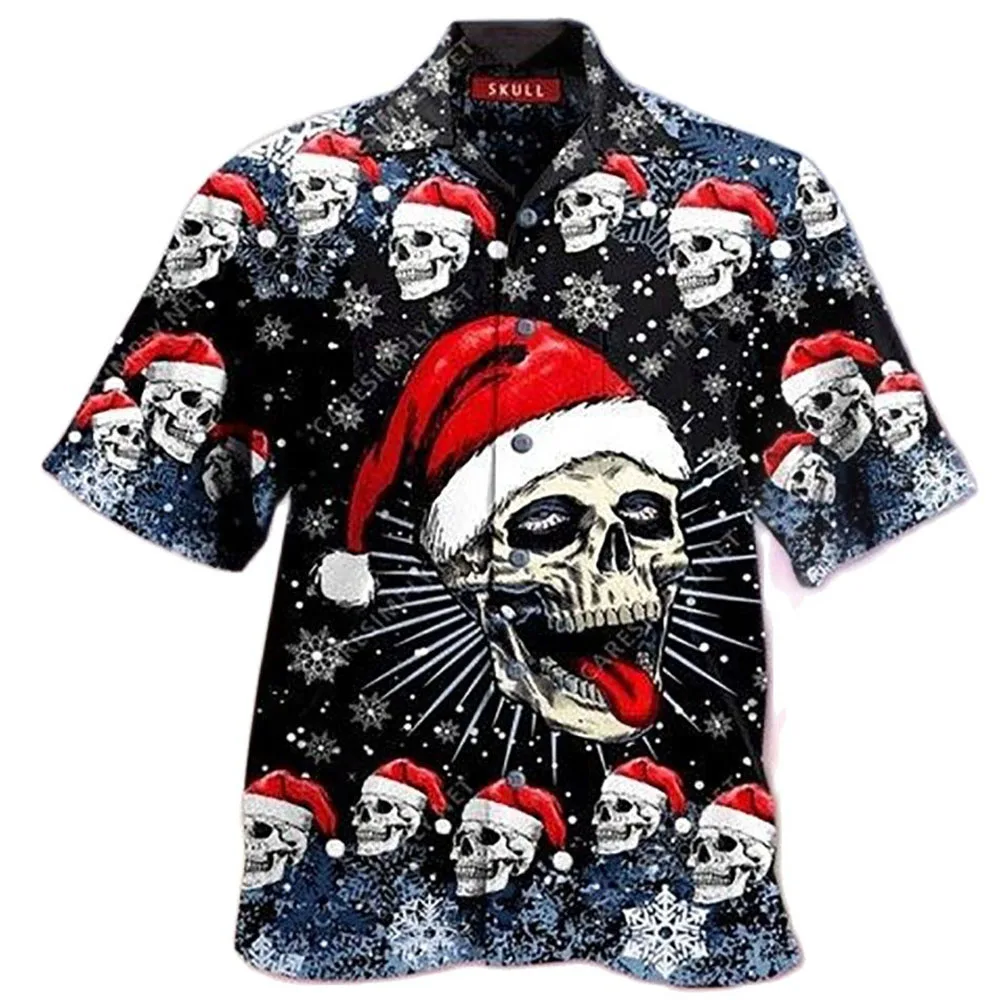 2024 New Arrival Men\'s Shirts Men Hawaiian Camicias Casual One Button Christmas Skull Printed Short-sleeve Blouses Tops