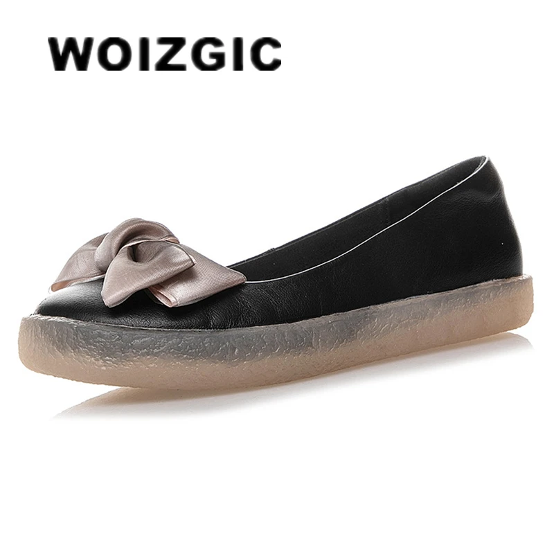 WOIZGIC kadın anne bayanlar kadın hakiki deri ayakkabı Flats Moccasins Loafers ilmek kayma Retro artı boyutu 43 JZ-19115