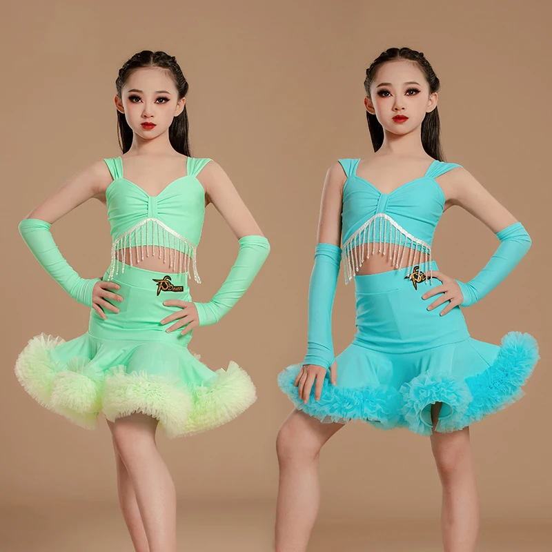 

2025 New Girls Latin Dance Professional Costume Children Green Blue Latin Dance Dresses Kids Performance Dancing Suits SL12114