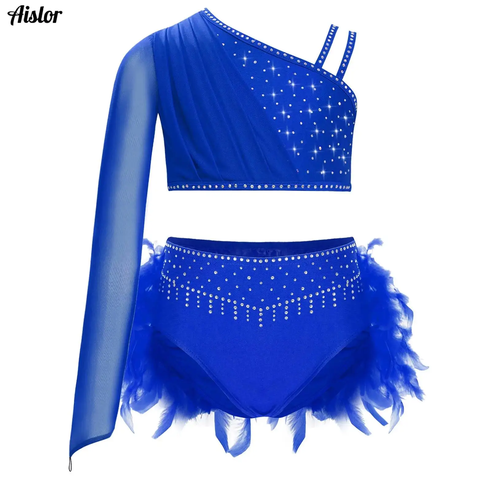 

Kids Girls Jazz Lyrical Dance Outfit Asymmetrical Long Sleeve Shoulder Rhinestones Sheer Mesh Crop Top+Feather Briefs Bottoms