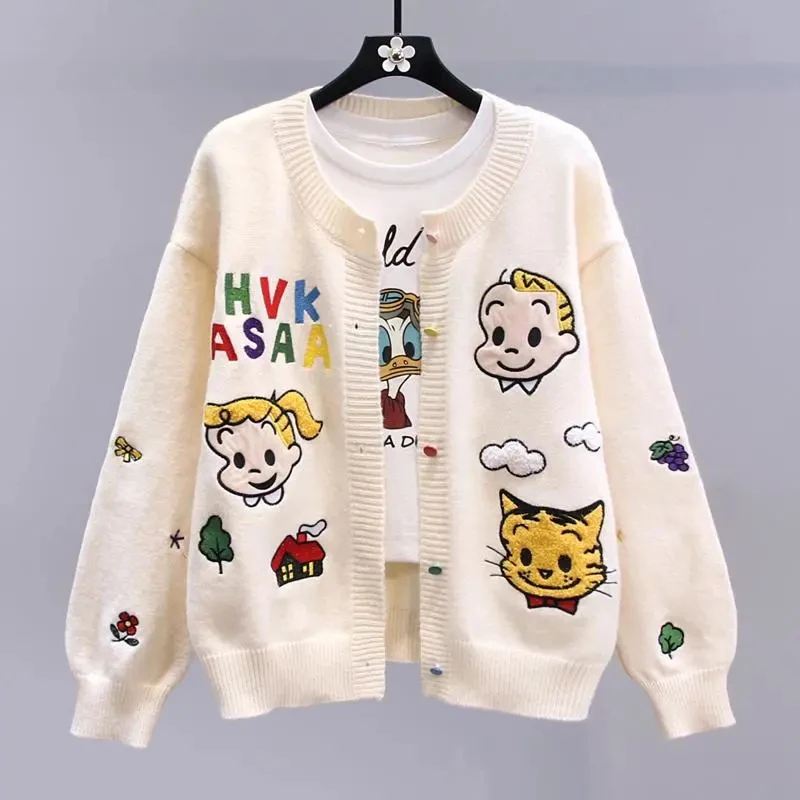 Cartoon Embroidery Sweater Female Cardigans Autumn O Neck knitwear Casual Women Sweater Jacket Korean Loose outwear 2024