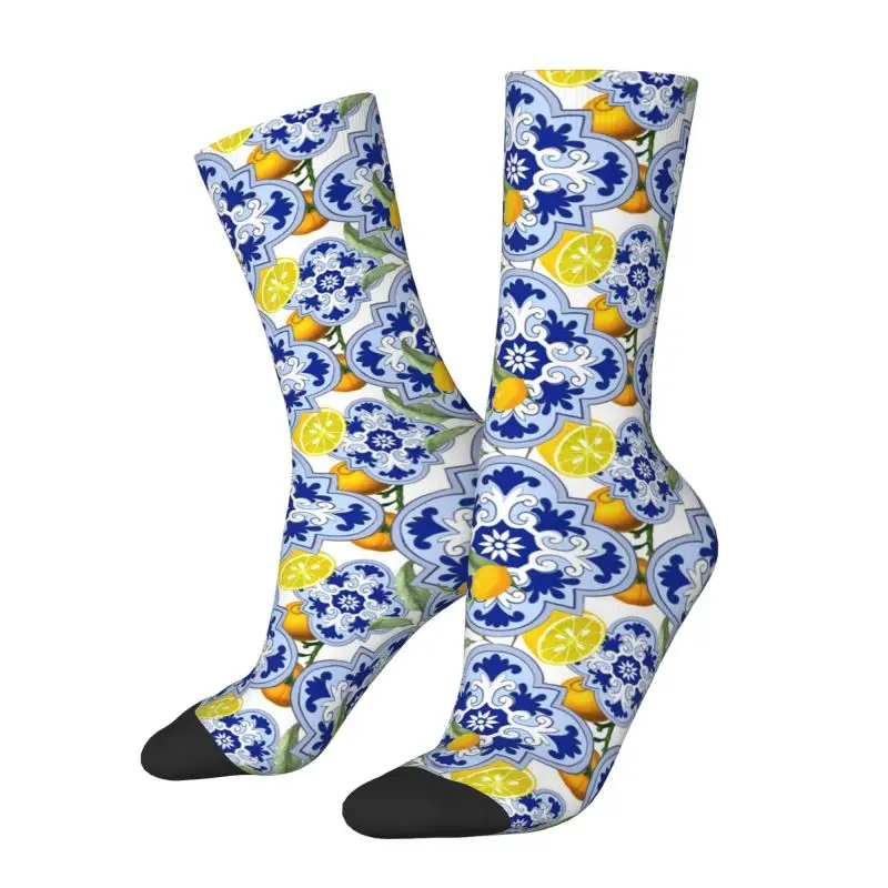 Custom Printing Summer Citrus Lemons Fruit Sicilian Tiles Socks for Men Women Stretchy Summer Autumn Winter Crew Socks