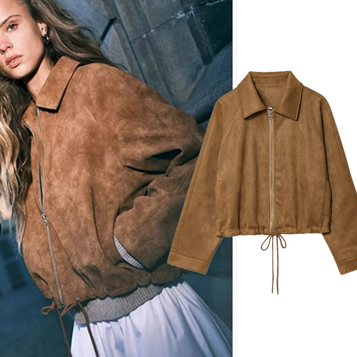 

Jenny & Dave Скандинавская минималистичная замшевая куртка на молнии с французской завязкой на талии и свободной посадкой, женская куртка-бомбер T