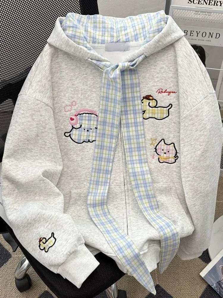 Fall Cartoon Cute Hoodies Women Vintage Long Sleeve Kawaii Preppy Style Sweatshirts Plaid Lace Up Patchwork Female Japan Tops