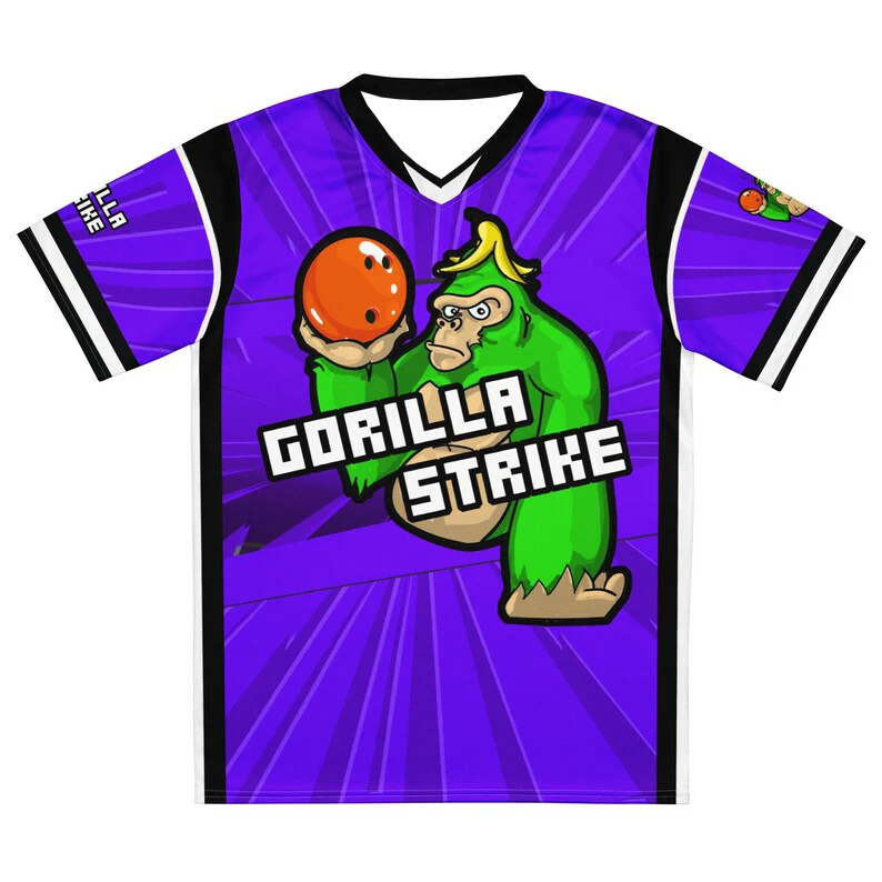 Men Red Banana Full Print V Neck Bowling Jersey Gorilla Strike Cartoon Gorilla Purple Bowling Ball Graphic Quick Dry Sports Tee