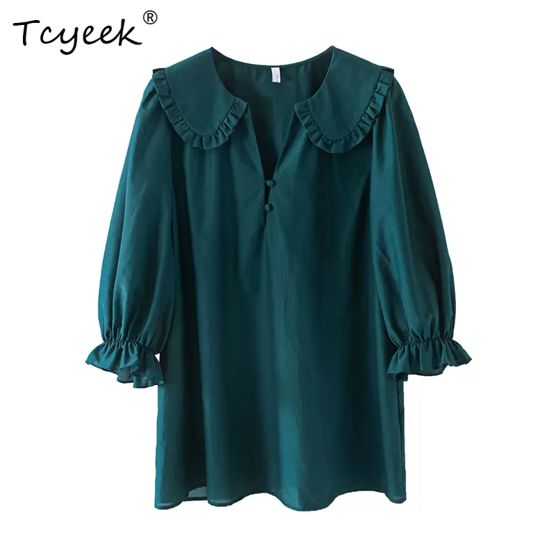 

Tcyeek, 30% Silk 70%Cotton Elegant T-Shirt, Women 3/4 Sleeve Solid, Commute Sweet French Tops, 2024 Summer Autumn T46058QC