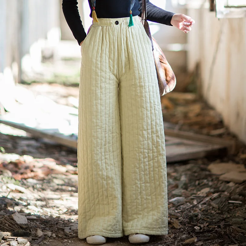 2025 Winter Women's Ramie-Linen Quilted Pants: Vertical Stitching, Wide-Leg & Premium Feel.