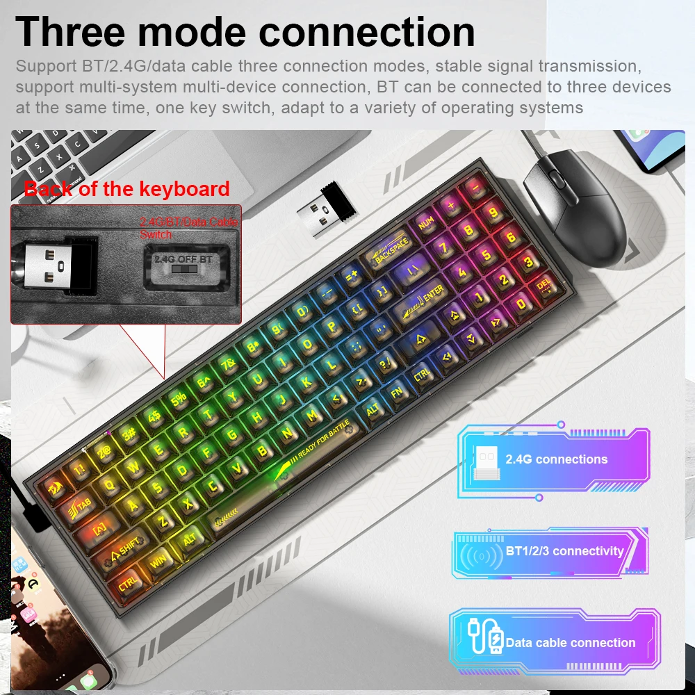 REDRAGON TS78 RGB USB Mechanical Gaming Keyboard Support Bluetooth wireless 2.4G 3 mode Gamer 78 Keys for Computer PC Laptop