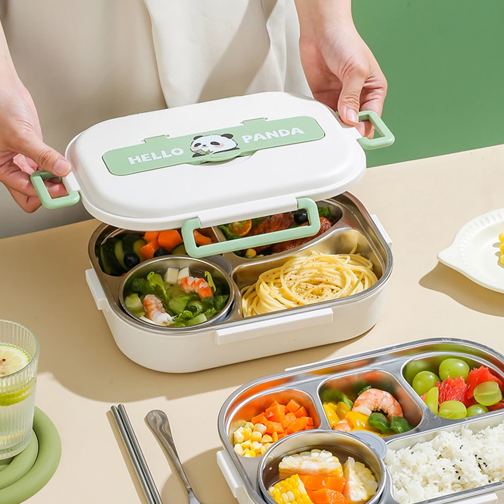 Stainless Steel Thermal Lunch Box Microwave Safe 2/4/5 Grids Lunch Container with Cutlery Set Panda for Children School Picnic