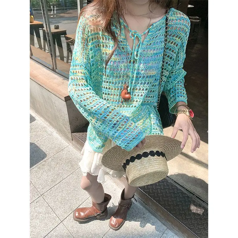 Korean Hollow Sunscreen Knitted Blouse Women's Summer Thin Suspender Outside Air-conditioning Shirt Long-sleeved Top