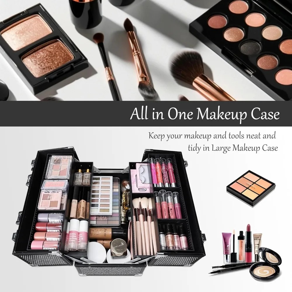 12.6 Inch Large Makeup Train Case with 4 Trays, Lockable Cosmetic Storage Organizer Box for Travel & Home Use