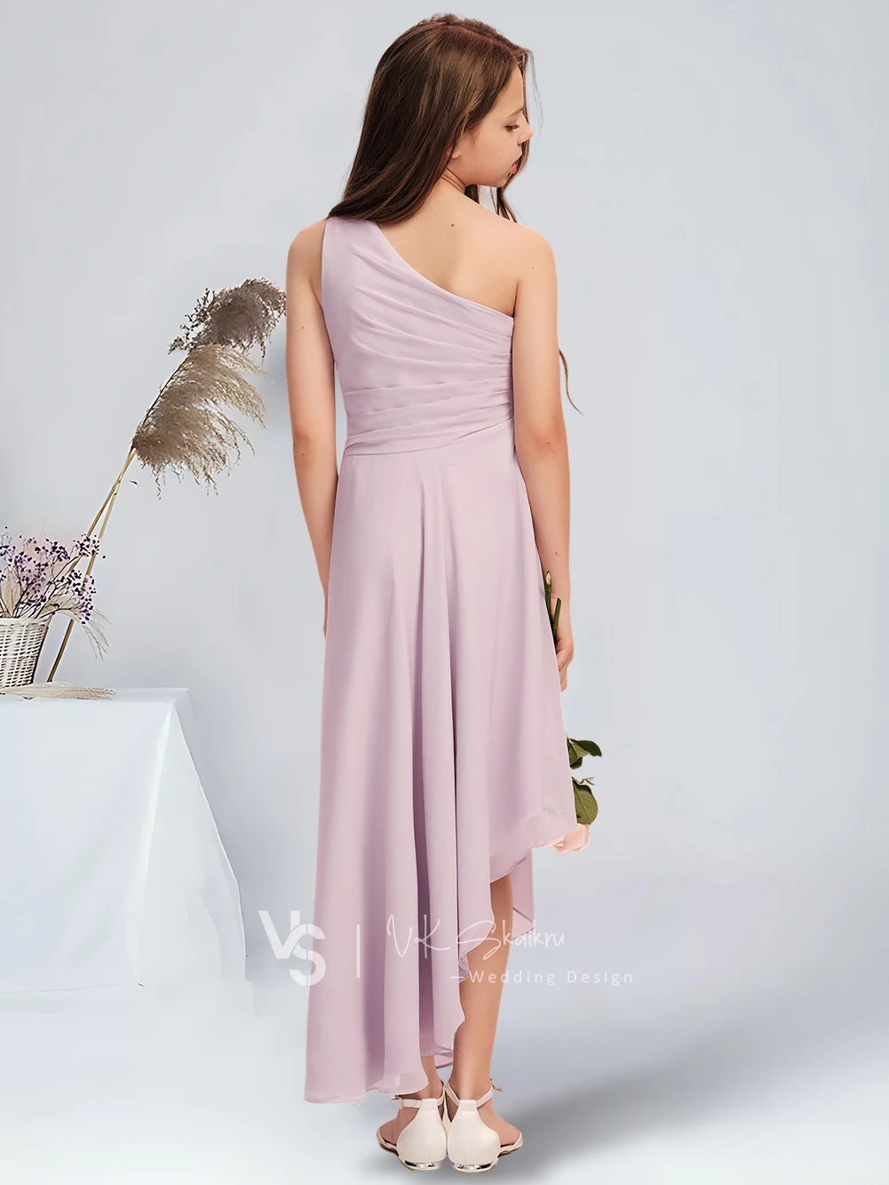 A-line One Shoulder Asymmetrical Chiffon Junior Bridesmaid Dress With Pleated Dusty Lavender Flower Girl Dress for Wedding Teens