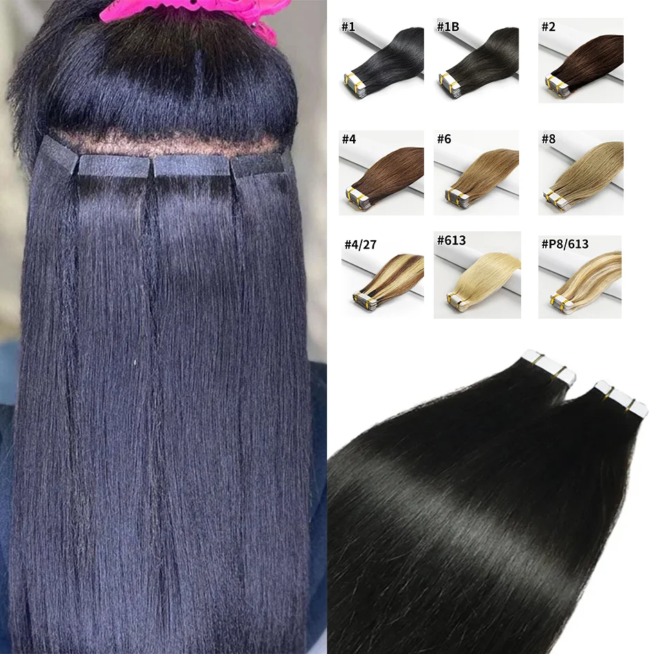 Extensions brésiliennes de cheveux humains Remy pour femmes, cheveux raides naturels, trame de peau, colle arina sur qualité salon, ruban adhésif, 100% vrais cheveux