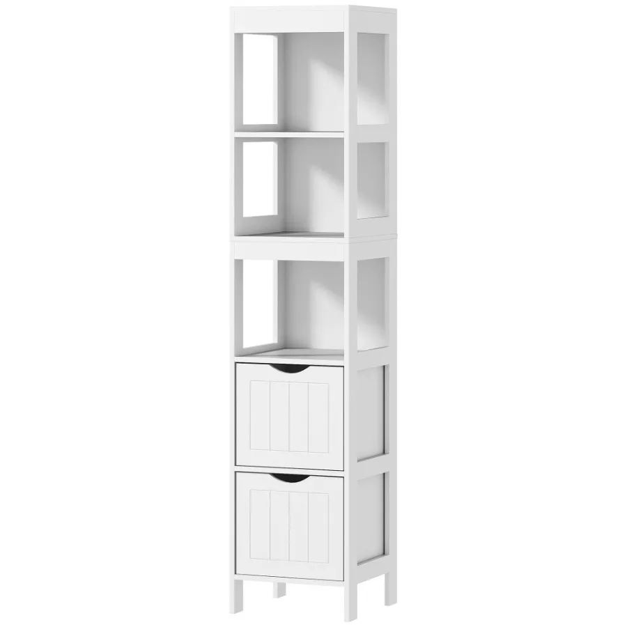 HOMCOM Narrow Bathroom Storage Cabinet Bathroom Cabinet with 2 Drawers and 3 Open Shelves Slim Bathroom Floor Cabinet White
