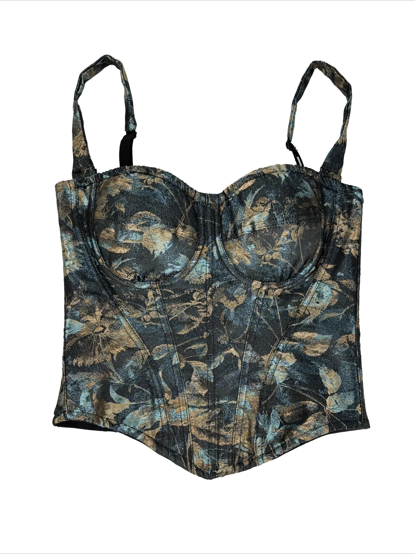 SsTss Haut bustier vintage imprimé floral pour femme, bretelles réglables, sans manches, corset slim désossé, gilet court Y2K