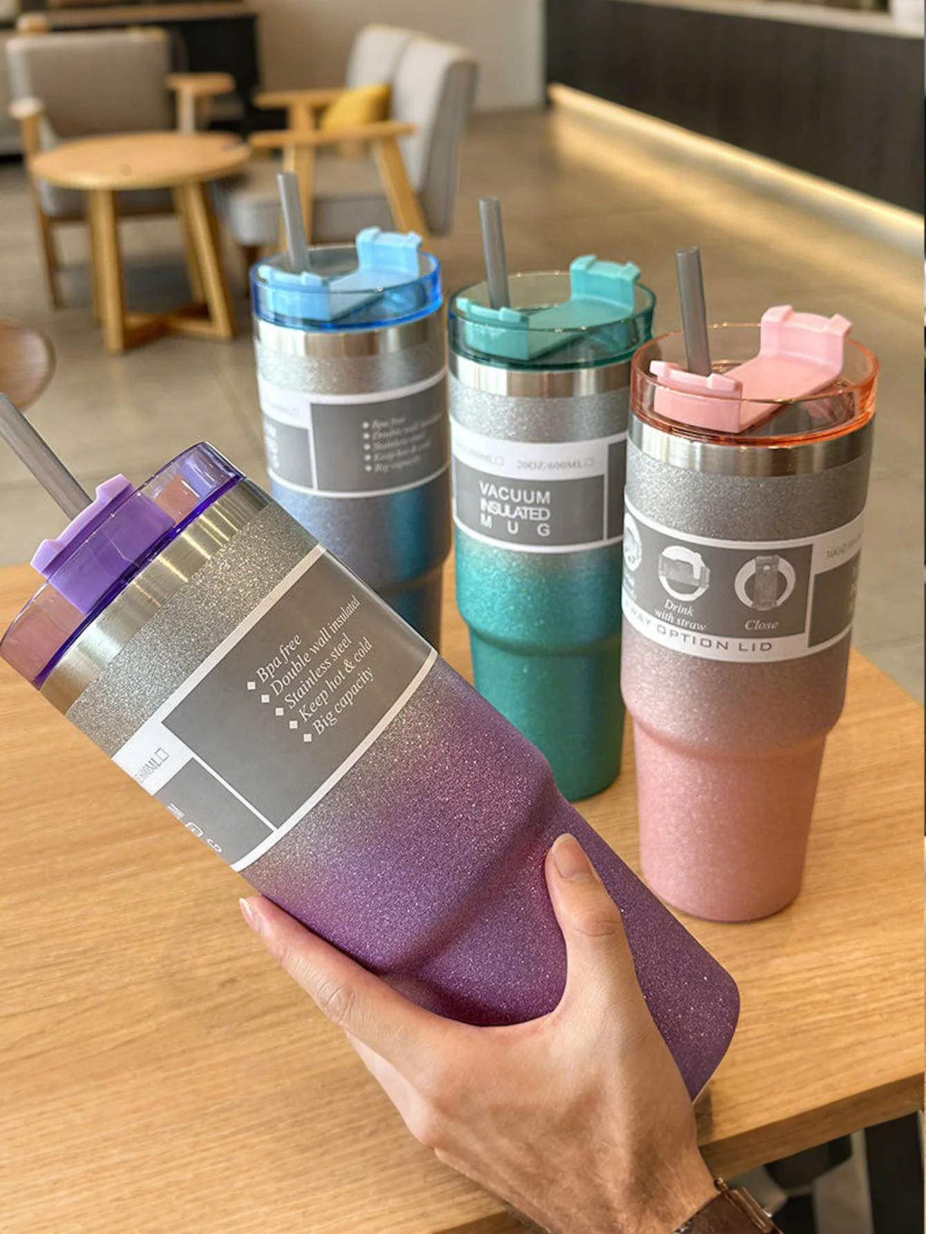 كوب معزول ومبرد من الفولاذ المقاوم للصدأ بطبقة مزدوجة من ضوء النجوم المتدرج - مع قش، كوب مسطح معبأ في زجاجات، فنجان قهوة، كوب سيارة #2