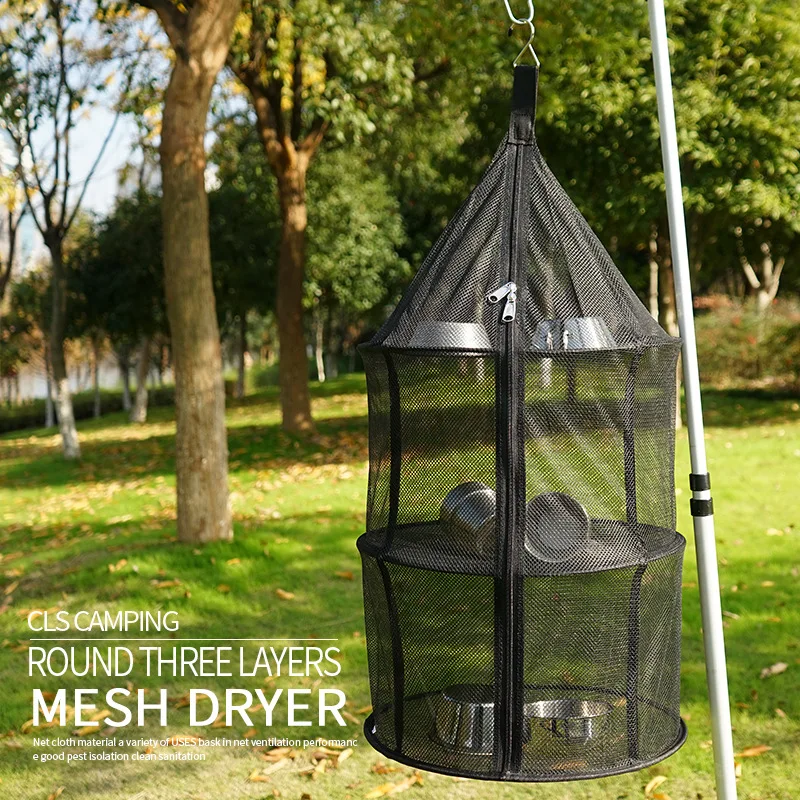 Foldable 3 Layers Drying Net Outdoor Camping Round Folding Storage Rack Portable Mesh Hanging Hanger Dryer Hanger Food Fish Net