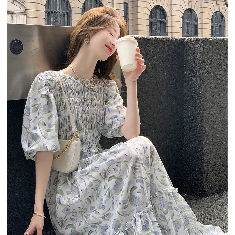 Japanese Style Maternity Holiday Dress Puff Sleeve Summer Pregnant Woman Floral Dress Fashion Printed Long Loose Pregnancy Dress