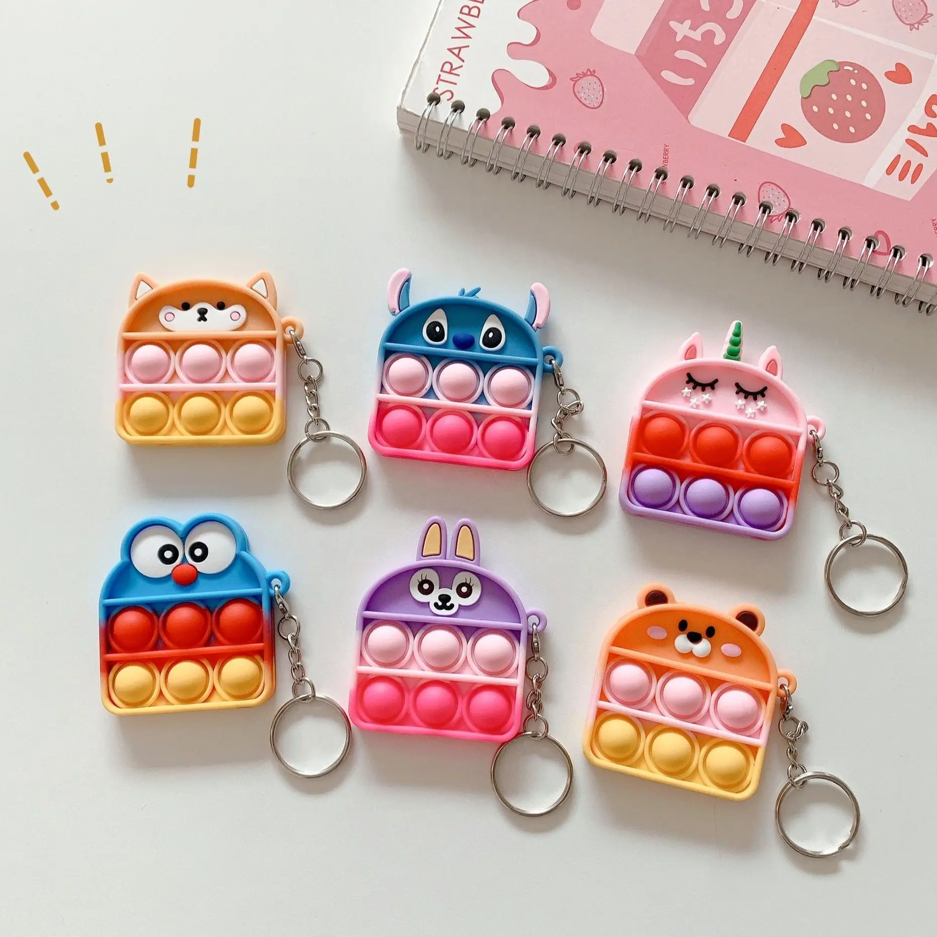Anime Animals Silicone Keychain Push Bubble Fidget Toy Key Chains Decompression Puzzle Mini Figet Toys Keychains Accessories
