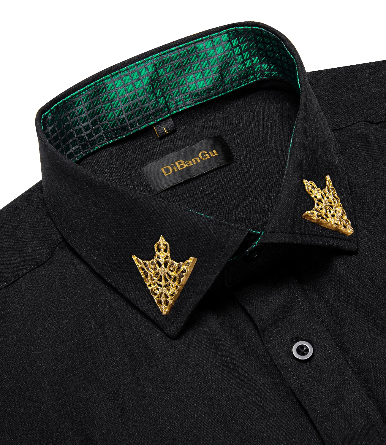 Black Solid Men\'s Shirt Long Sleeve with Golden Color Collar Pin Casual Social Buinesss Dress Shirts for Party Men Clothing