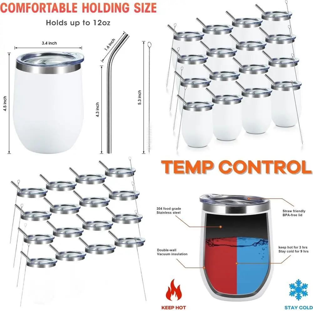 

Set of 16 Stainless Steel Insulated Wine Tumblers with Lids and Straws for Cocktails and Champagne
