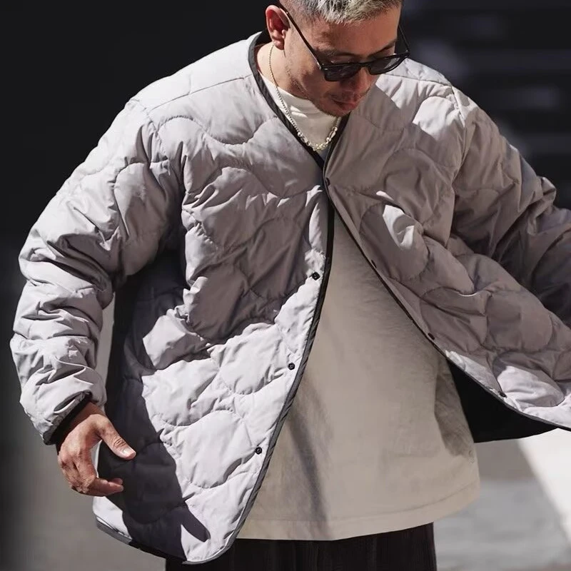 Mens Lightweight Double-sided Jacket Winter Cotton Double-sided Parkas Retro Quilted Casual Loose Collarless Coat Korean Outwear