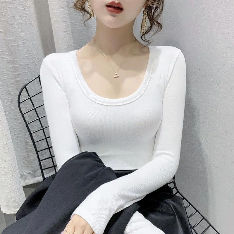 

women's slim low-collar T-shirt fine cotton U-neck inner Spring and autumn Korean Casual T-Shirts Female Tee Clothing