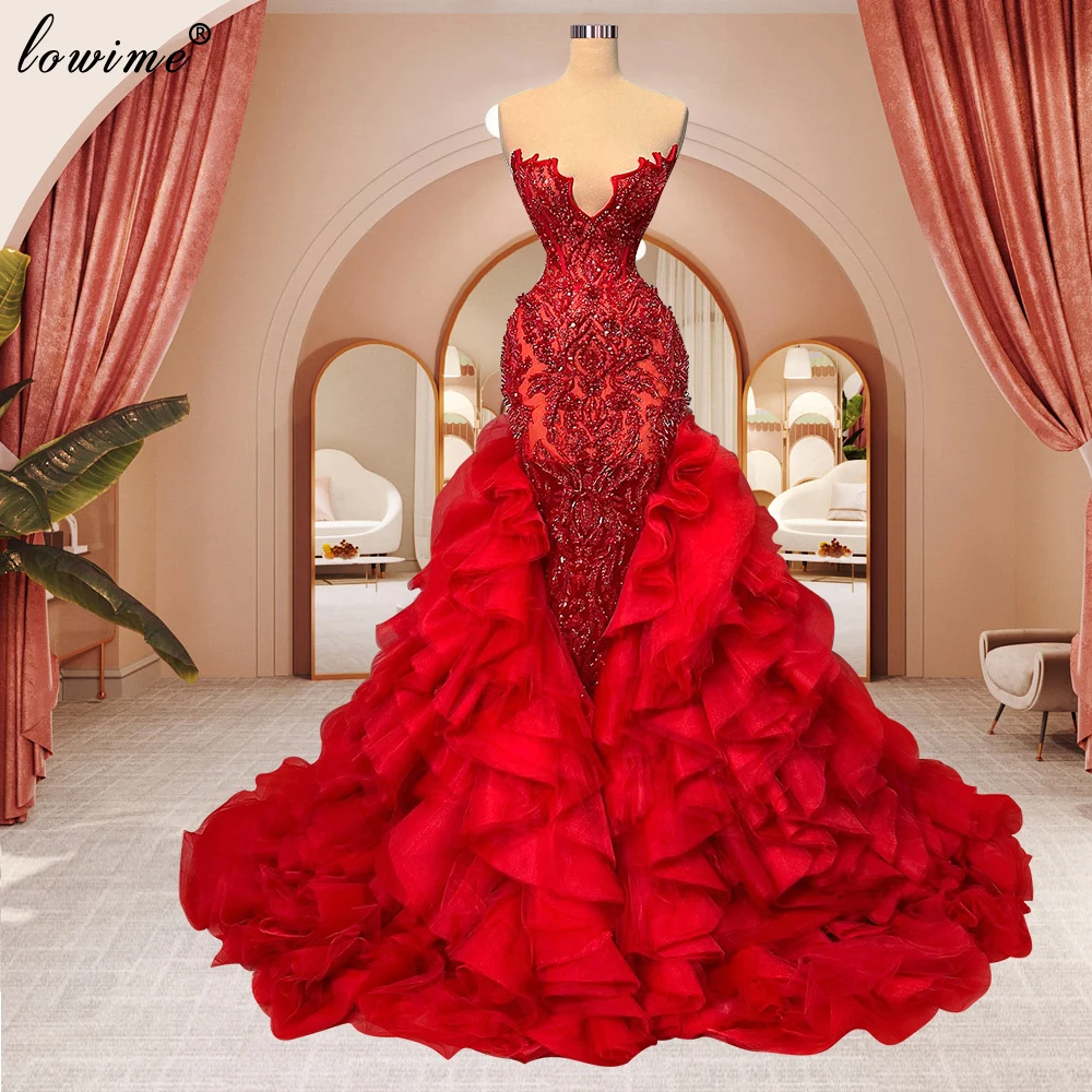 Two Pieces Red Beaded Evening Dresses Lace Sleeveless Wedding Party Dresses With Detachable Train Party Gowns Robes De Soirée