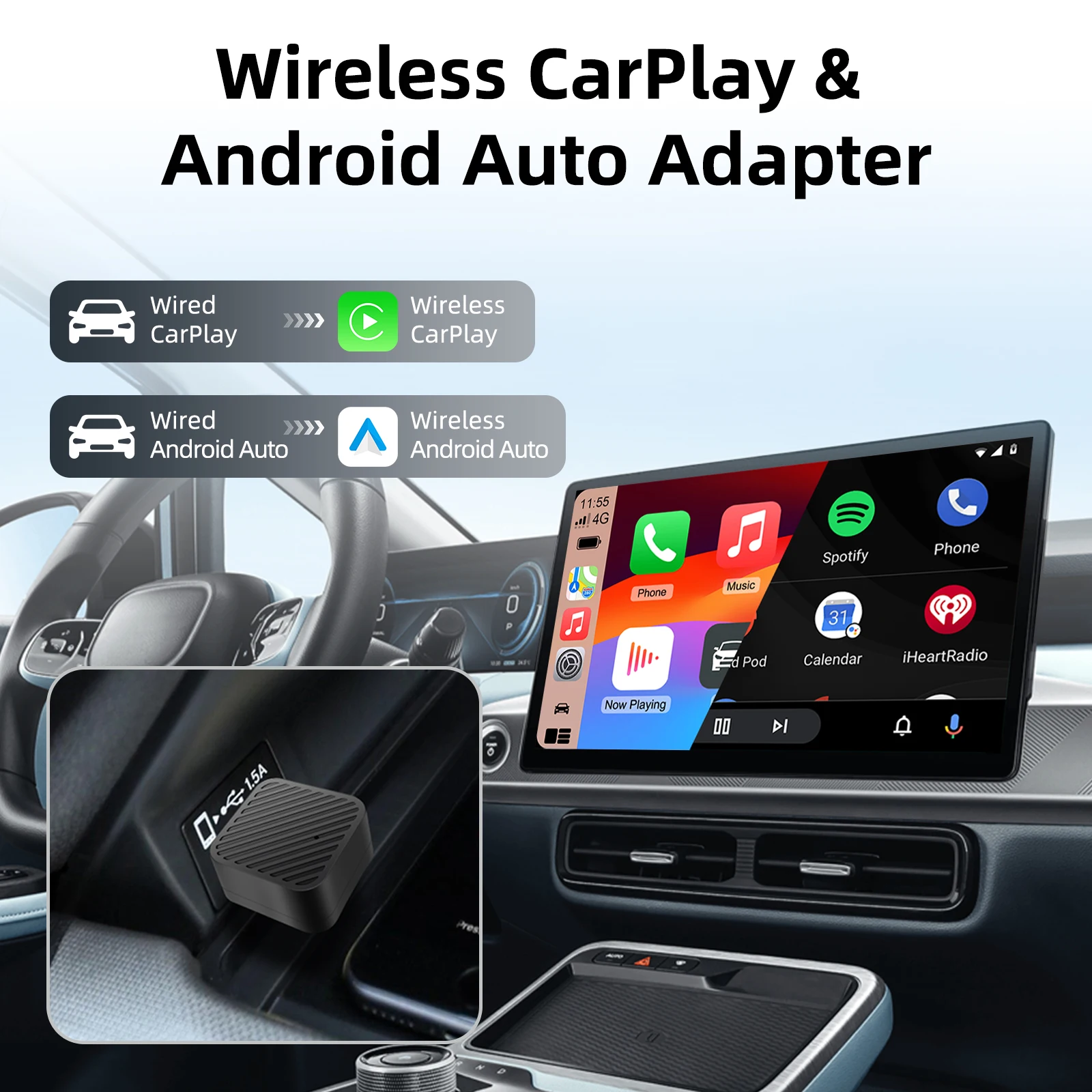 2025 novo mini adaptador sem fio 2 em 1 carplay e android auto em um plug & play 5g wifi bluetooth 5.0 interface usb não cair