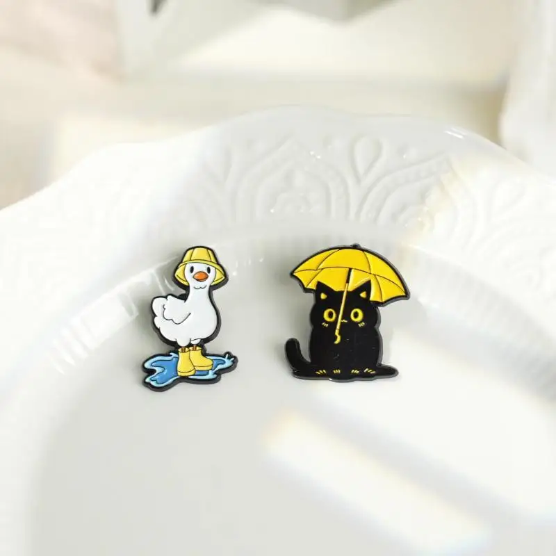 Funny Black Cat With Umbrella Enamel Pins Duck With Rain Boots Metal Brooches Lapel Badge Jewelry Gifts For Friends