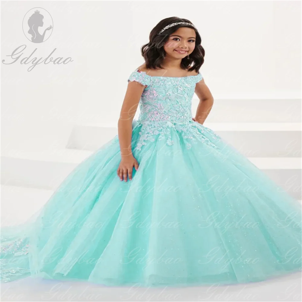 Vestidos rosas elegantes para desfile de belleza para niña, vestidos de flores para boda, encaje, tul, lentejuelas, cuello plano hinchado, baile de comunión elegante para niños