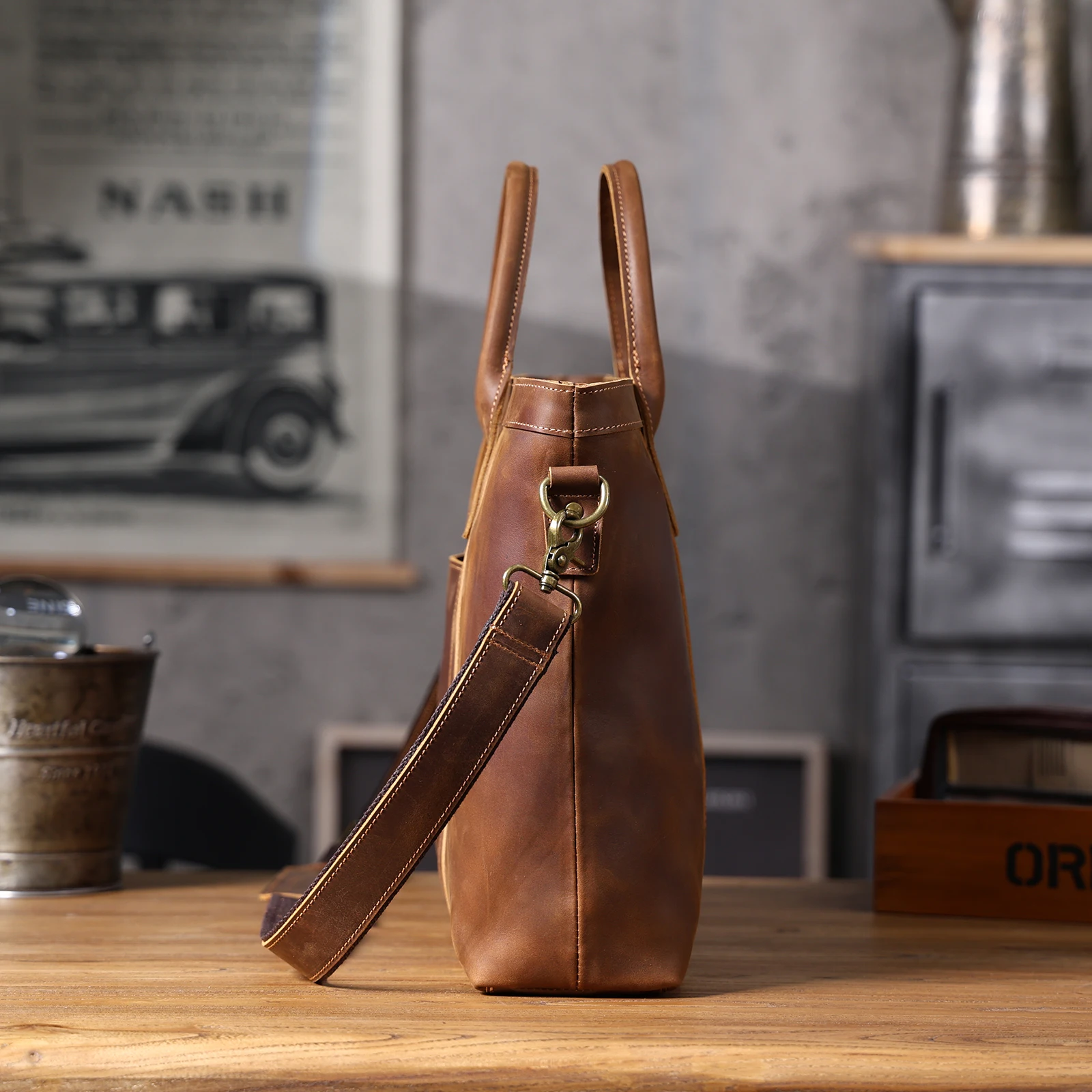 Vintage Echtleder Herren-Aktentasche 16 Zoll Laptop-Taschen Crazy Horse Leder Messenger-Handtasche Rindsleder Geschenkidee für Männer – Detail 10