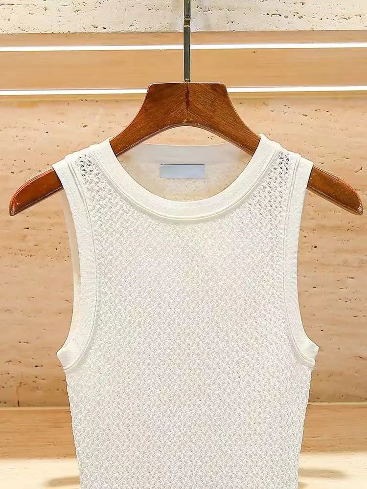 Letnia nowa moda Splicing wzburzona dzianinowa sukienka bez rękawów damska elegancka, temperamentna O-neck szczupła, bez rękawów, krótka szata damska